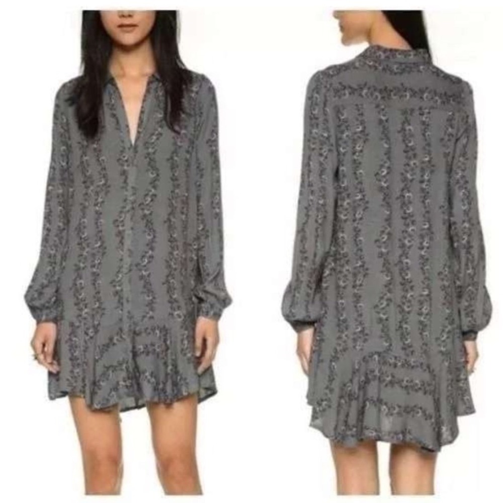 Free People Dress S Small Gray Floral Long‎ Sleeve Ruffle Hem Boho Shirt Dress